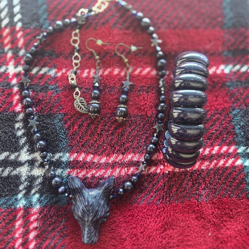 GOTH VAMPIRE WICCA SPIRIT BLUE SANDSTONE WOLF HEAD NECKLACE EARRINGS BRACELET